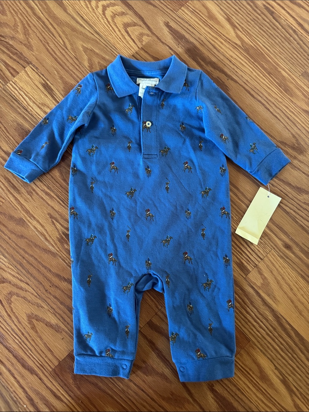 Ralph Lauren Blue Polo-Style Baby One-Piece with Embroidered Pony Print 6M
